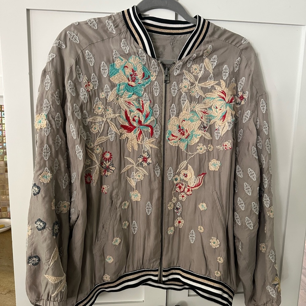 Johnny Was Gray Floral Embroidered Bomber Jacket